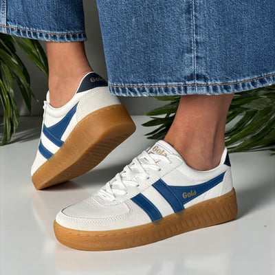 Womens Gola Grandslam Elite White Blue and Navy Gumsole Trainers - White