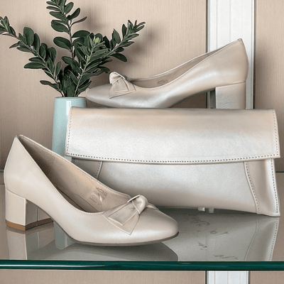 Womens Emis Ladies Bow Detail Block Heels - Pearl Beige