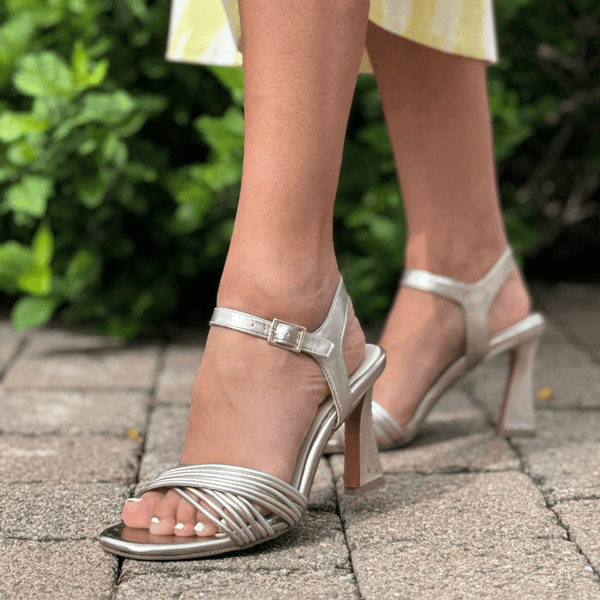 Womens Marco Tozzi 28329 Rose Metallic Strappy Flared Heel Sandals - Rose Metallic