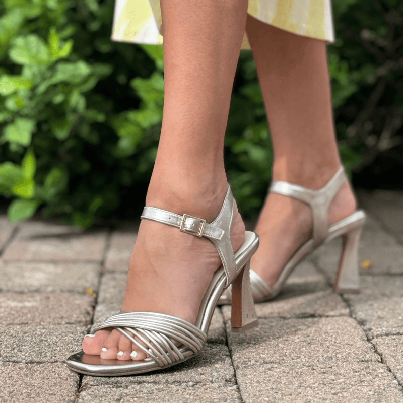 Womens Marco Tozzi 28329 Rose Metallic Strappy Flared Heel Sandals - Rose Metallic