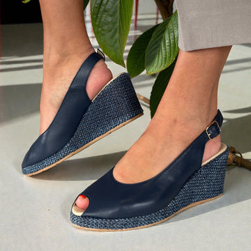 Womens Pitillos 11311 Peep Toe Slingback Wedge Sandals - Navy