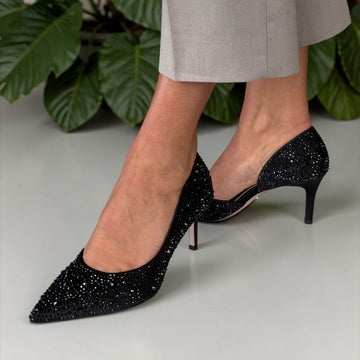 Womens Tamaris 22457 Black Diamante Irregular Cut Side Court Heels - Black Diamante
