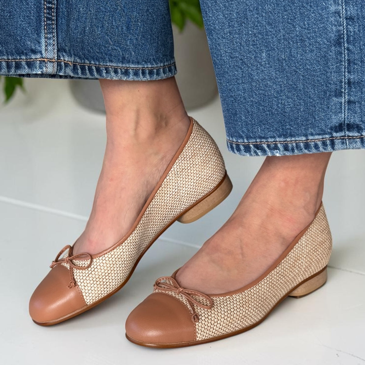 Womens Gabor Dulford Tan and Cream Textured Ballerina Pumps