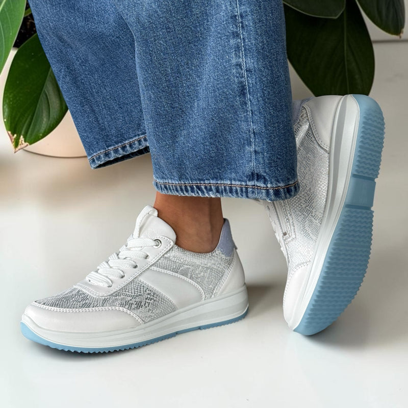 Womens Ara Osaka White and Silver Snake Print Inside Zip Trainers - White and Silver