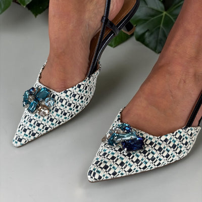 Womens Tamaris 29512 Navy Tweed Slingback Kitten Heels - Blue Combi