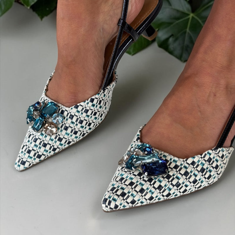 Womens Tamaris 29512 Navy Tweed Slingback Kitten Heels - Blue Combi