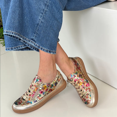 Womens Caprice 23759 Floral Gold Leather Side Zip Trainers - Gold