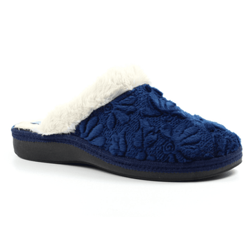 Womens Lunar Wilder Floral Faux Fur Trim Mule Slippers - Navy
