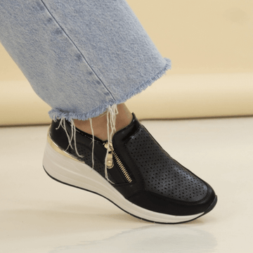 Womens Lunar Barcelona Black Lazered Wedge Trainers - Black