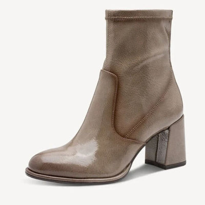 Womens Tamaris 25357 Taupe Stretch Patent Block Heel Ankle Boots - Taupe