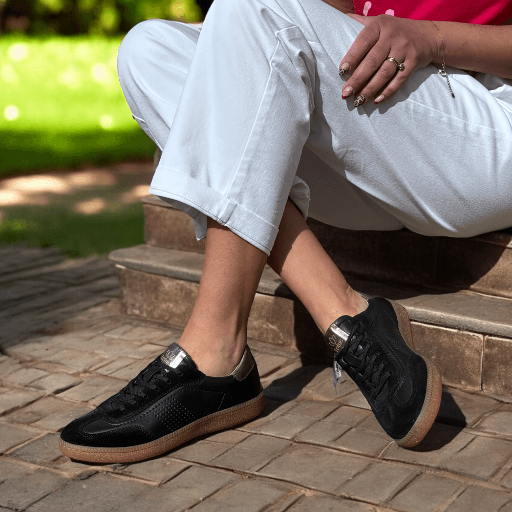 Womens Lotus Frapporta Black Leather Gum Sole Trainers