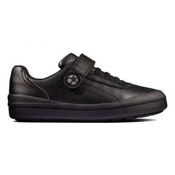 Junior Clarks Rock Pass Boys Velcro School Shoe - Black Leather - Black