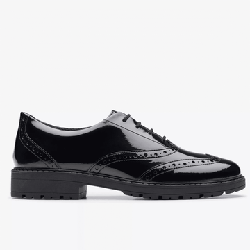 Girls Clarks Loxham Brogue Black Patent Laced School Shoe - Black Patent