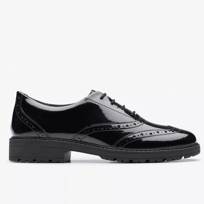 Girls Clarks Loxham Brogue Black Patent Laced School Shoe - Black Patent