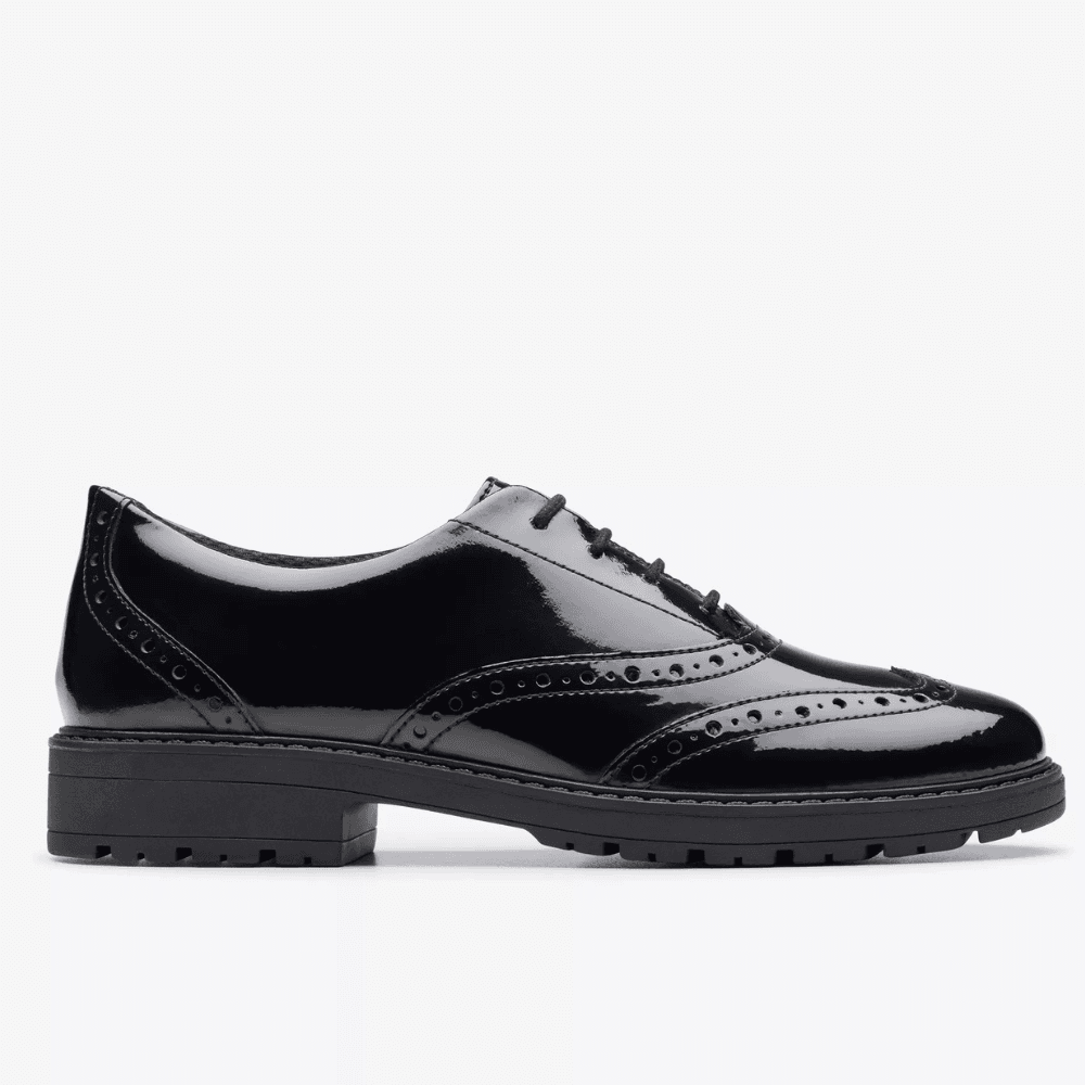 Girls Clarks Loxham Brogue Black Patent Laced School Shoe G Fit