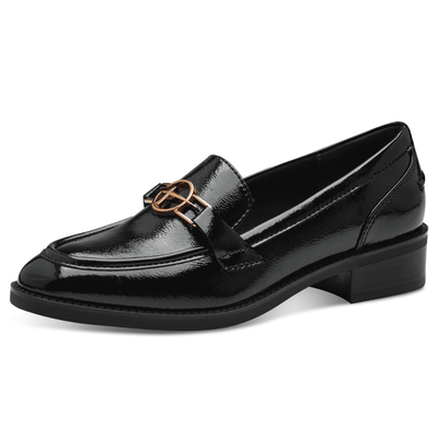 Womens Tamaris 24303 Black Patent Low Block Heel Loafers - Black Patent