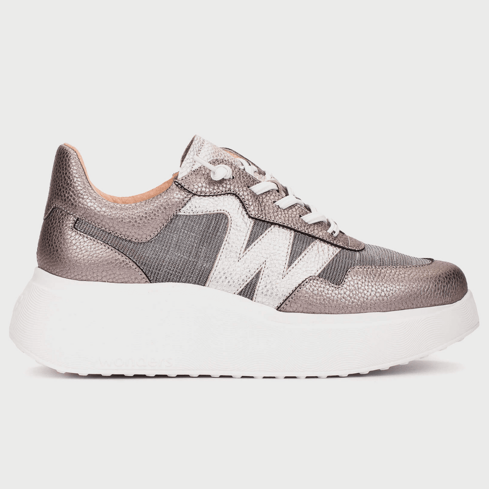 Womens Wonders A-3640 Pewter Metallic Textured Platform Elasticated Trainers