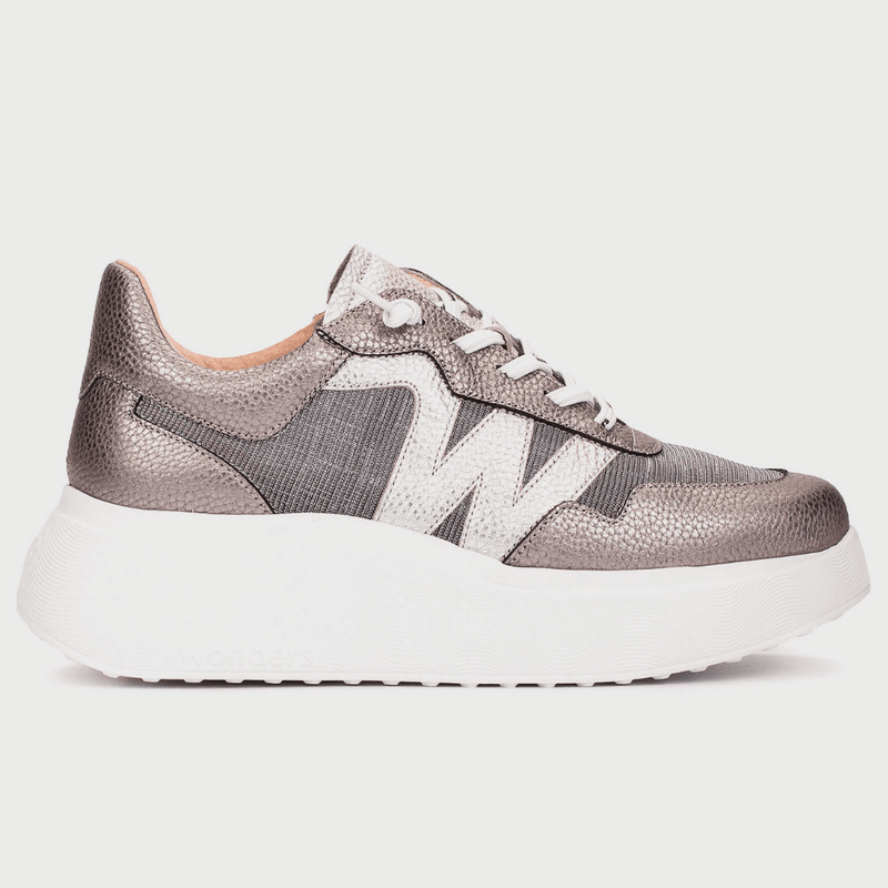 Womens Wonders A-3640 Pewter Metallic Textured Platform Elasticated Trainers - Pewter Metallic