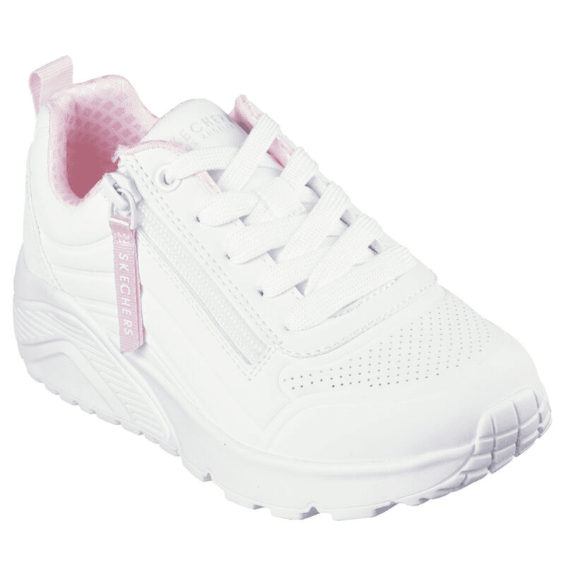Skechers Girls Uno Lite Easy Zip White and Pink Trainers - White