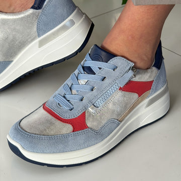 Womens ara 57702 Blue And Silver Garda Wedge Trainer with Zip and Lace - Blue And Silver