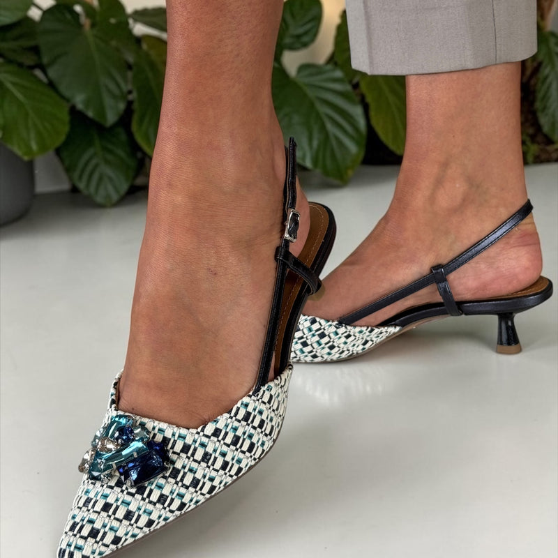 Womens Tamaris 29512 Navy Tweed Slingback Kitten Heels - Blue Combi
