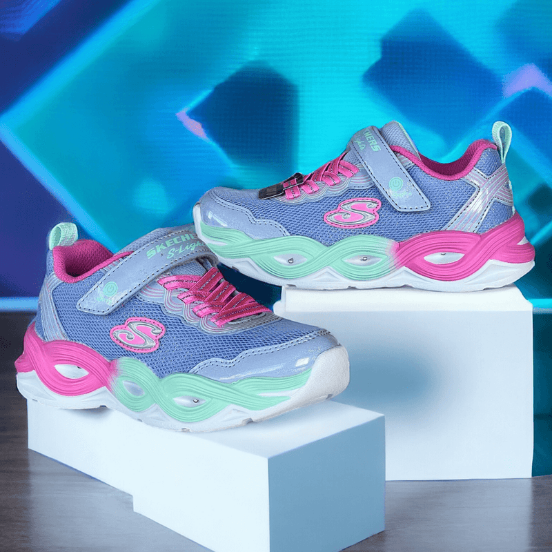 Girls Skechers S Lights Purple Multi Shimmer Chunky Trainers - Periwinkle
