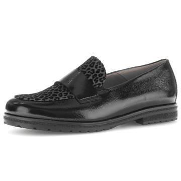 Womens Gabor 72.042 Black Patent Leopard Print Tongue Loafers - Black Patent