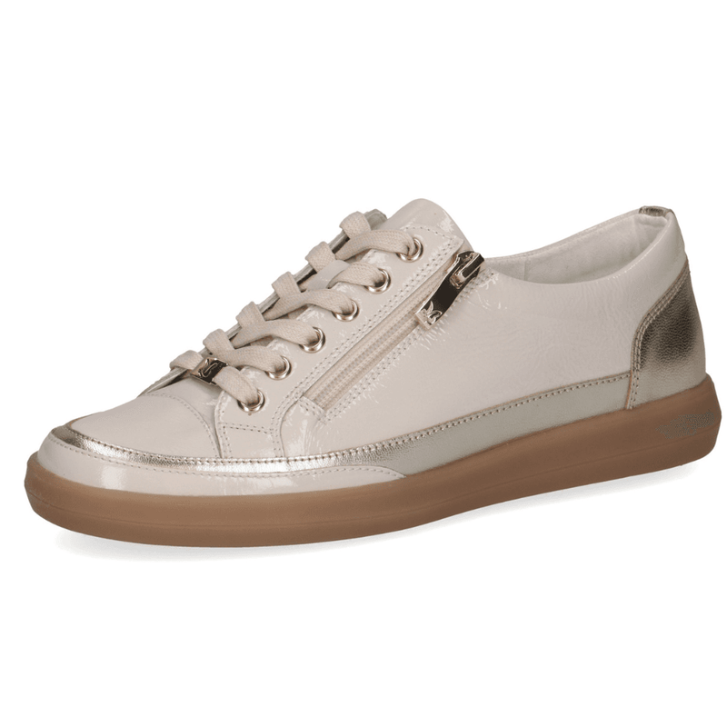 Womens Caprice 23706 Cream with Gold Side Zip Trainers - Nude Patent