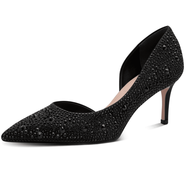 Womens Tamaris 22457 Black Diamante Irregular Cut Side Court Heels - Black Diamante