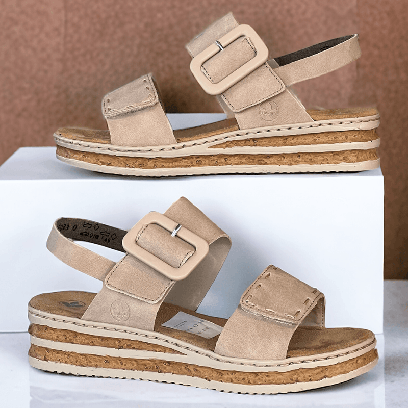 Womens Rieker 62950 Beige Velcro Double Strap Sandals - Beige Gold