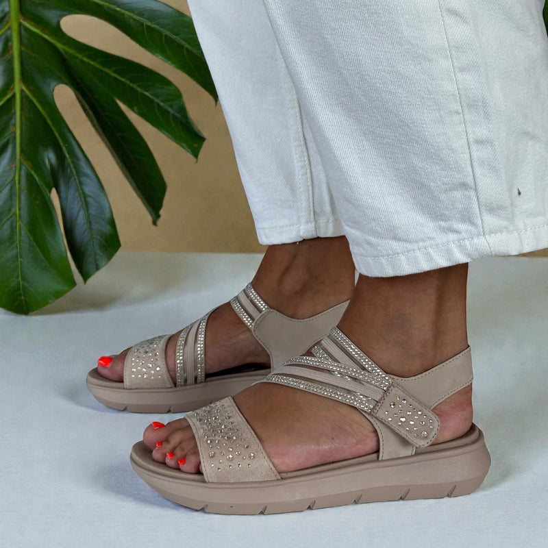 Womens Jana 28771 Diamante Diagonal Strap Comfort Sandals - Powder