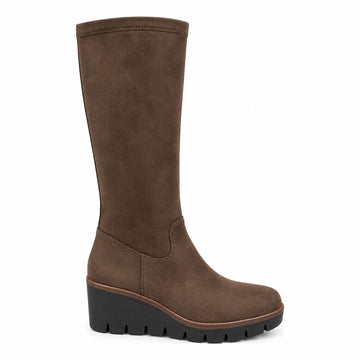 Womens Susst Becky26 Dark Beige Microfibre Sock Top Wedge Long Boots - Dark Beige Microfibre