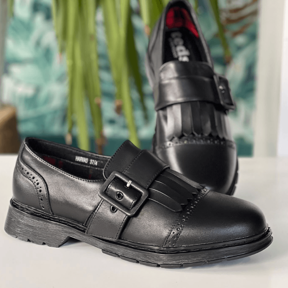 Girls Teds Harvard Black Fringe Buckle Loafers