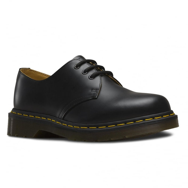 Girls Dr Martens 1461 Black Smooth Leather Yellow Stitch Lace Up Shoes - Black