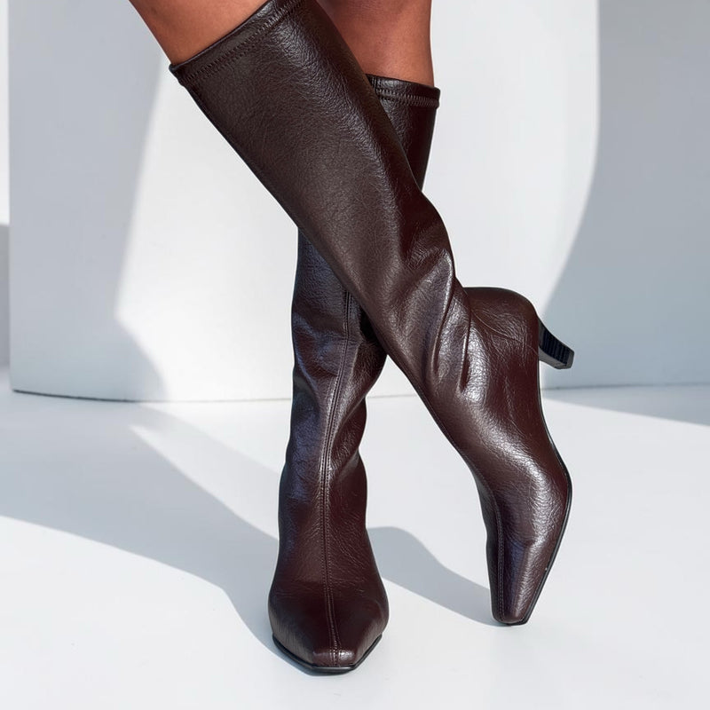Womens Miss Elastic 75356 Chocolate Brown Stretch Knee High Sock Long Boots - Chocolate Brown