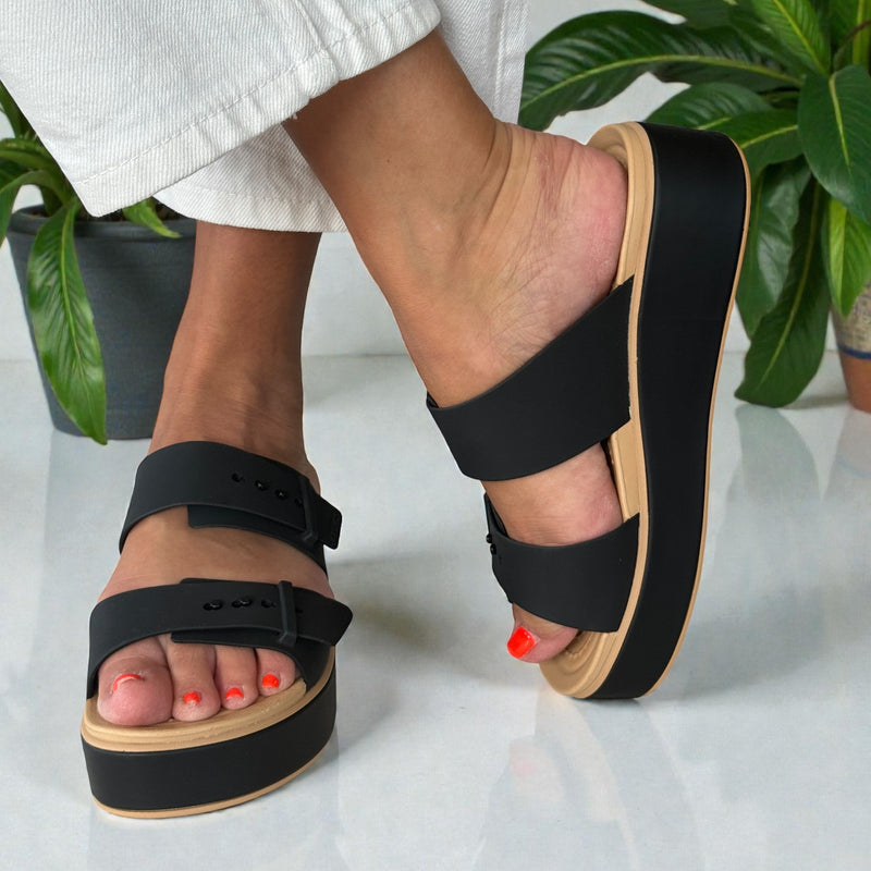 Womens Crocs Black Brooklyn Buckle Wedge Sandals - Black
