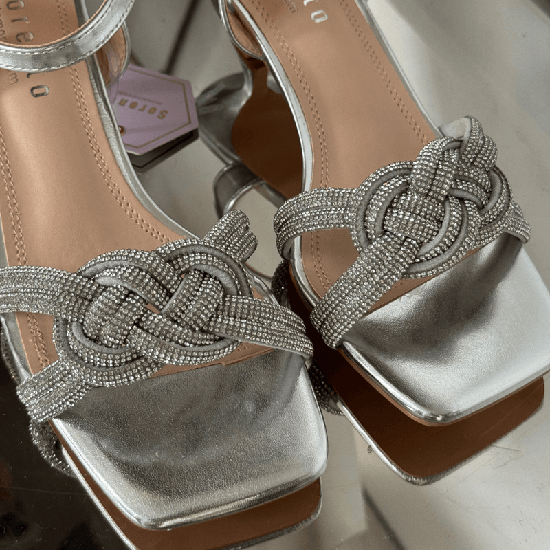 Womens Sorento French Point Diamante "Braid" Kitten Heels - Silver Knot