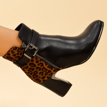 Womens Lunar Shaw Black and Ocelot Block Heel Ankle Boots - Black