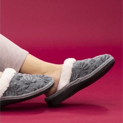Womens Lunar Wilder Floral Faux Fur Trim Mule Slippers - Grey