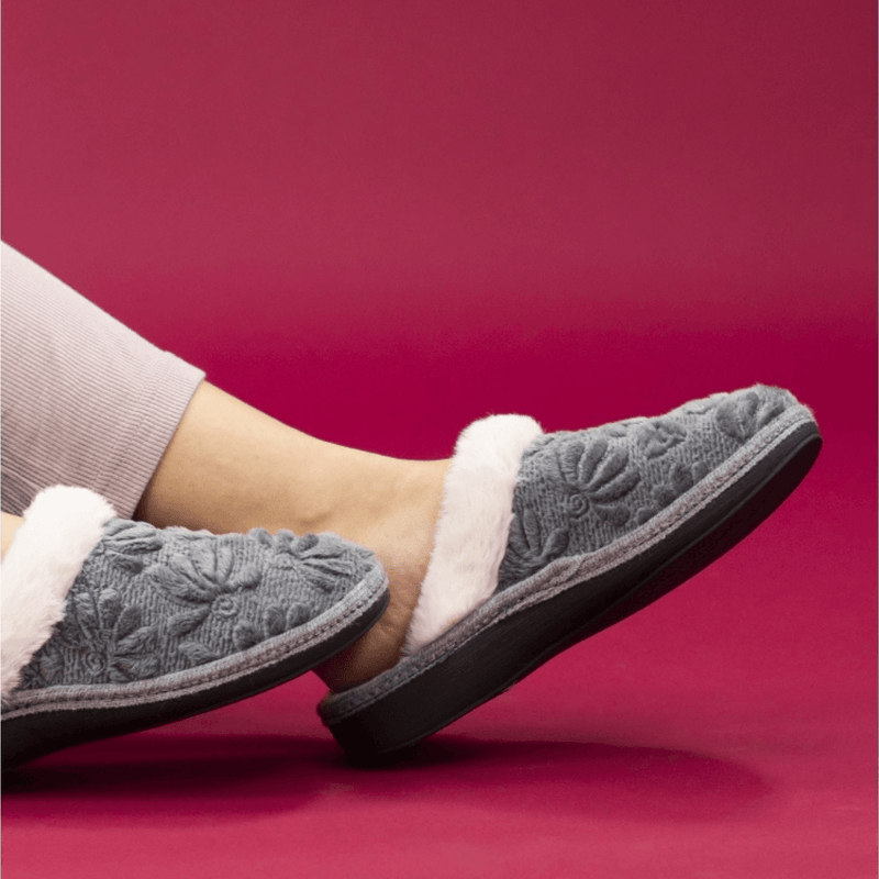 Womens Lunar Wilder Floral Faux Fur Trim Mule Slippers - Grey