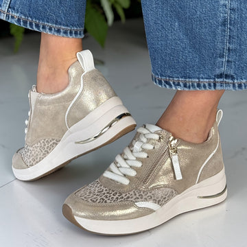 Womens Tamaris Comfort 83714 Beige Leopard Print Side Zip Wedge Trainers - Beige Gold