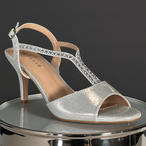 Womens Sorento Thaxton Diamante T-Bar Peep Toe Heels - Silver Gems