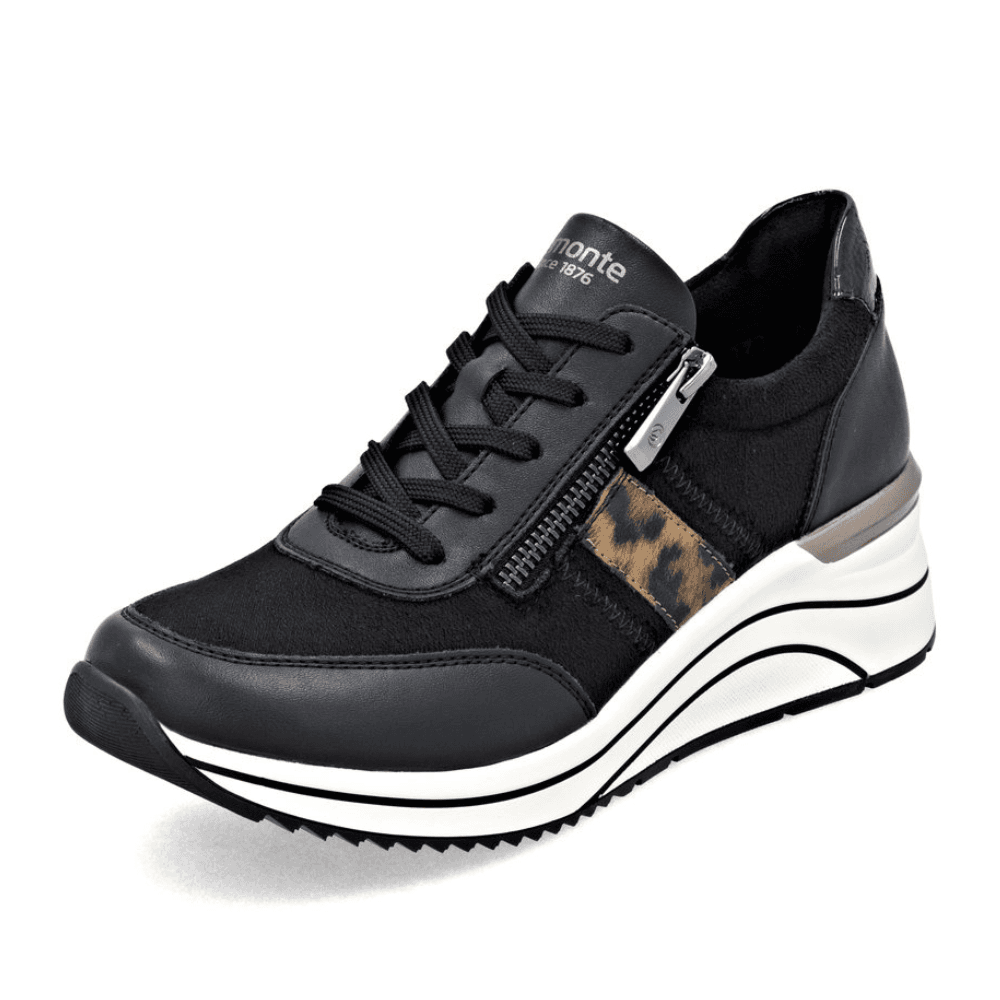 Womens Remonte D0T09 Black with Leopard Wedge Side Zip Trainers