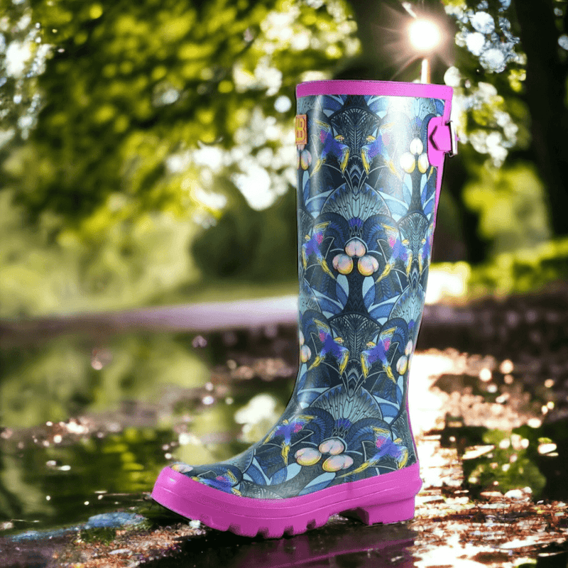 Womens Llewellington Pleasure Island Purple Peacock Wellington Boots - Floral Print