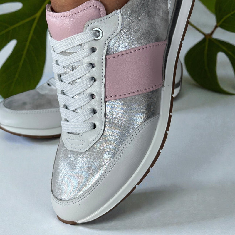 Womens Ara Portofino Dusty White Silver and Pink Lace Up Trainers - Dusty White and Pink