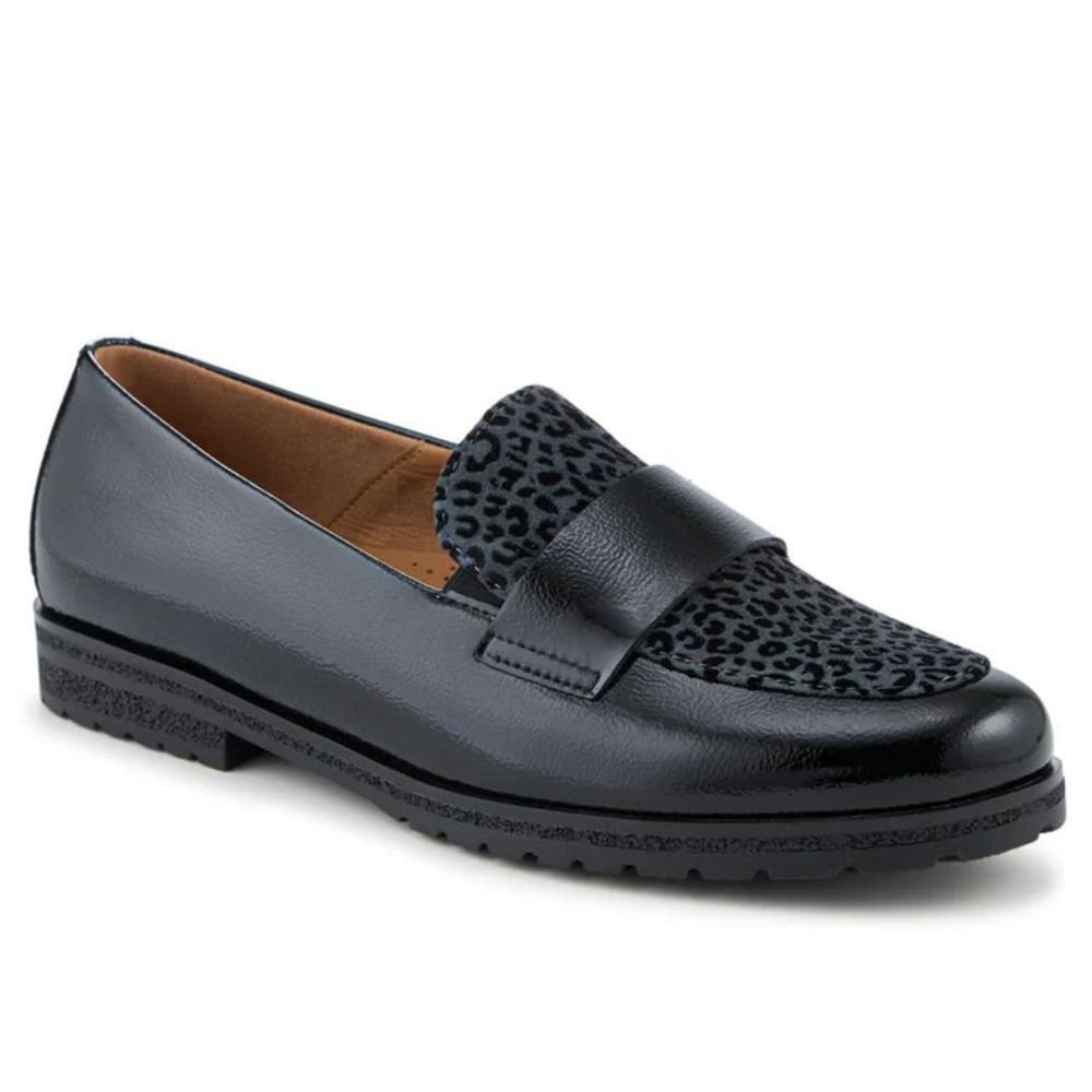 Womens Gabor 72.042 Black Patent Leopard Print Tongue Loafers