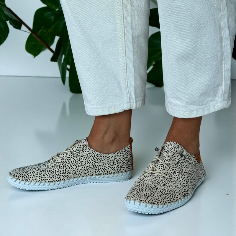 Womens Lunar St Ives Animal Print Leather Elastic Lace Plimsoles - Animal