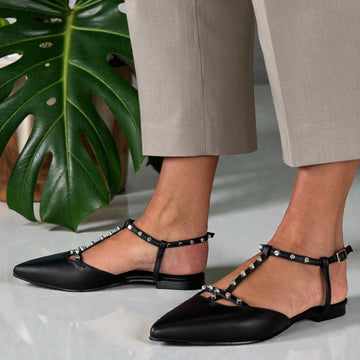 Womens Refresh 175070 T-Bar Rock Stud Ballerina Pumps - Black