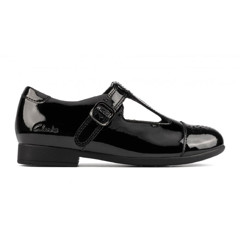 Girls Clarks Scala Sprit Black Patent T-Bar School Shoes - Black Patent