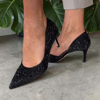 Womens Tamaris 22457 Black Diamante Irregular Cut Side Court Heels - Black Diamante